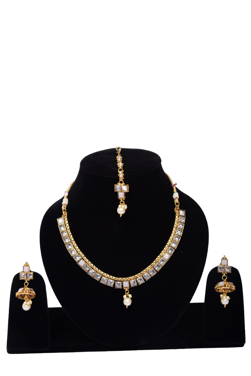 Namokriti Gold-Plated Square Stone & Pearl Drop Bridal Necklace Set – Complete Ethnic Jewelry for Special Occasions